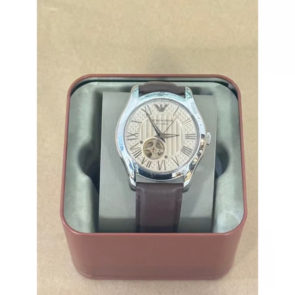 Emporio Armani Silver Case with Brown Strap Watch